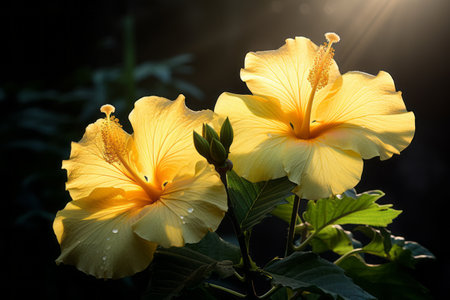 Captivating Beauty: Sunlight Illuminating the Yellow Hibiscus Through the Lens â AR 3:2の素材