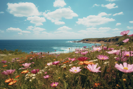 Capturing the Serenity: the Gorgeous Flower Field Overlooking the Seaの素材