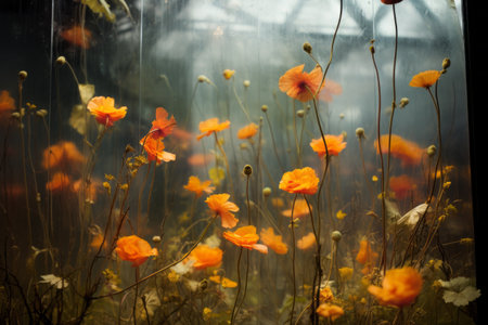 Gorgeous Capture of Vibrant Orange and Yellow Flowers Peeking Behind a Glass Frameの素材