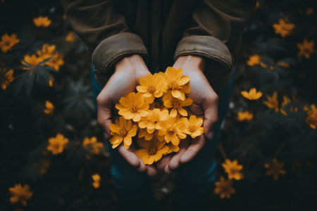Serenity in a Handful: Stunning Photo of a Person Embracing Vibrant Yellow Flowersの素材