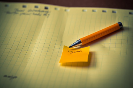 Capturing Thoughts: An Artistic Snap of a Sticky Note and Pen Compositionの素材