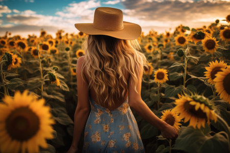 Sun-kissed Beauty: Captivating Photo of Woman Embracing a Sunflower Wonderlandの素材