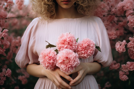 Blooming Beauty: Captivating Snapshot of Woman Embracing a Pink Flower in 3:2 Aspect Ratioの素材