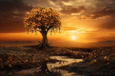 Captivating Contrast: Tree Amidst a Vibrant Sunflower Field - AR 3:2の素材