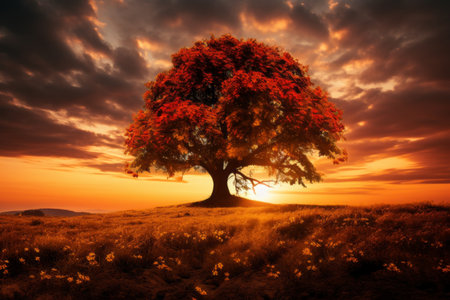 Enchanting Harmony: Capturing the Majestic Tree Amidst Sunflowers in AR 3:2の素材