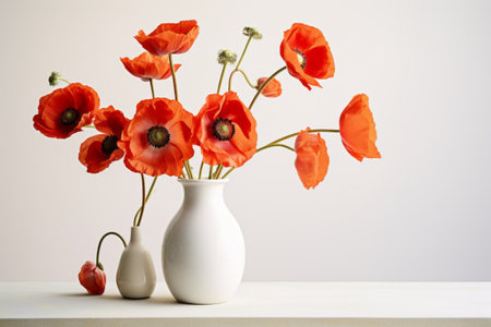 Vibrant Poppy Blooms Gracefully Resting on a Serene White Table - AR 3:2の素材