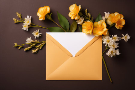Capturing the Beauty of Yellow Flowers With an Envelope and Note --ar 3:2の素材