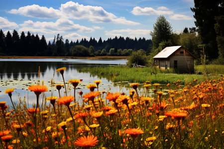 Idyllic Wooden Hut Surrounded by Blooming Flowers and Serene Lake --AR 3:2の素材