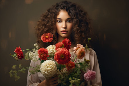 Intriguing Snapshot: Woman Radiantly Poses with Bouquet, in Unique 3:2 Aspect Ratioの素材
