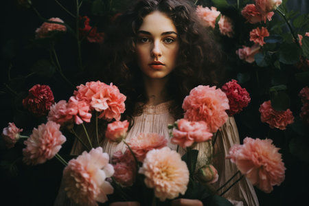 Blossoms of Beauty: Captivating Photo of Woman Embracing Natures Delicate Tapestry --ar 3:2の素材