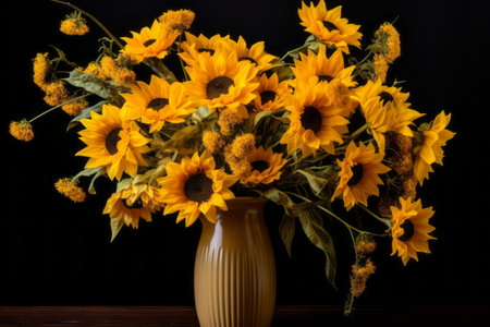 Blooming Beauty: Captivating Sunflowers Illuminated Against a Dramatic Black Backgroundの素材