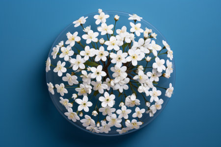 Captivating Contrasts: Exquisite White Flowers Perched on a Blue Round Objectの素材