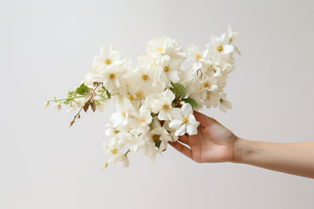 Gentle Gestures: Womans Hand Extending White Flowers Against a Serene White Backdropの素材