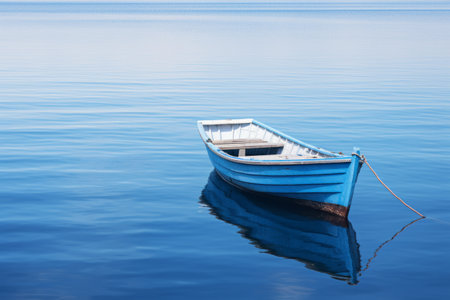 Serenity in White and Blue: A Captivating Photo of a Boat Adrift on Azure Watersの素材