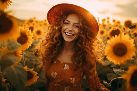 Euphoria Expressed: A Captivating Portrait of a Smiling Woman amidst a Sunflower Wonderland --ar 3:2の素材