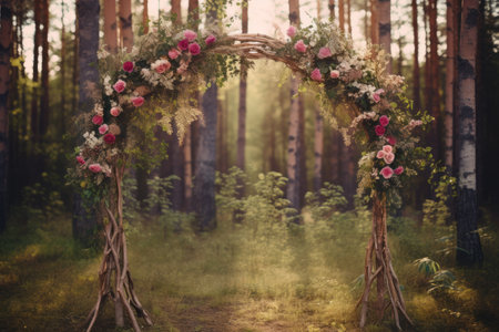 Blossoming Love: Captivating Image of a Floral-festooned Wooden Wedding Archの素材