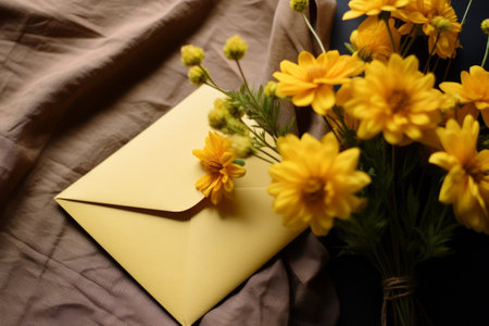 Blooming Sunshine: Capturing the Beauty of Yellow Flowers Alongside a Touched Noteの素材