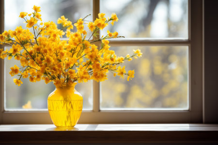 Gorgeous Yellow Blooms: A Captivating Photo of Flowers in a Glass Vase, Bathed in Natural Light throの素材