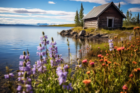 Enchanting Lakeside Retreat: A Captivating Photo of a Wooden Hut in a Blossoming Flower Field -- ARの素材