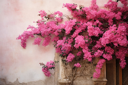 Blossoming Delight: Captivating Pink Bougainvilleas Adorning a Wall in Enchanting 3:2 Aspect Ratioの素材
