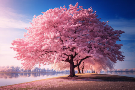 A Serene Sight: A Pink Cherry Blossom Tree Gracing the Blue Skyの素材