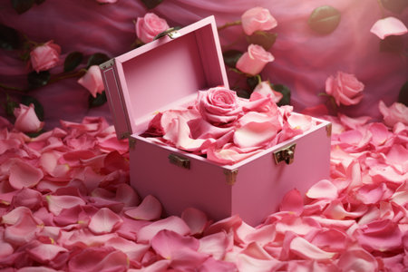 Petal Power: A Captivating Pink Box Enveloped in Delicate Rose Petals --ar 3:2の素材