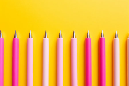 Vibrant Meeting Essentials: Pink and White Pens Pop Against a Yellow Background --ar 3:2の素材