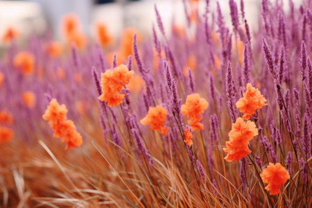 A Captivating Vision: Vibrant Orange Petal Flowers Surrounded by Radiant Purple Grass Under the Middの素材