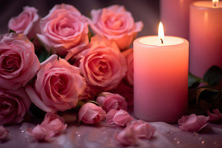 Ethereal Beauty: A Captivating Shot of a Lit Candle Amidst Pink Roses --ar 3:2の素材