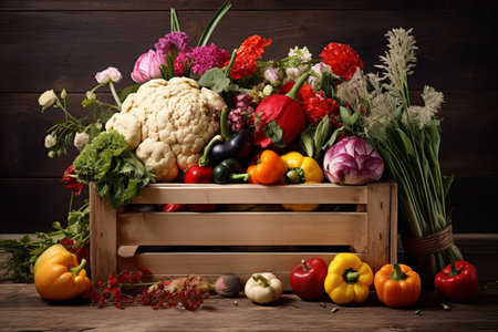 Cultivating Natures Bounty: A Vibrant Collection of Fresh Vegetables and Flowers in a Rustic Woodenの素材