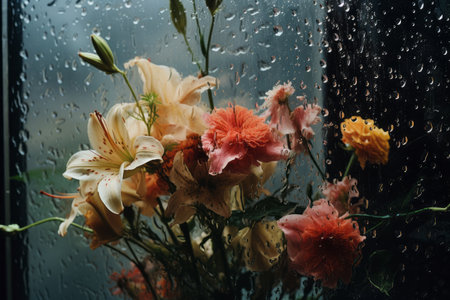 Glimpses of Nature: Captivating Flowers Behind a Wet Glass --ar 3:2の素材