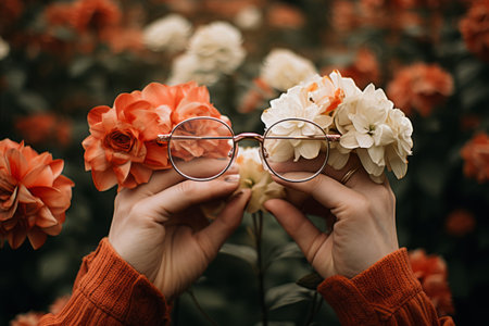Blooming Beauty: A Captivating Composition of Hand Holding Eyeglasses Amidst Delicate Flowersの素材