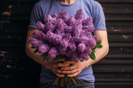 Burst of Bloom: A Person Grasping a Bundle of Vibrant Purple Flowers in 3:2 Aspect Ratioの素材