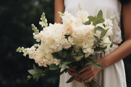 Blooming Reverence: The Enchanting Elegance of a Person Holding a White Flower Bouquet --ar 3:2の素材