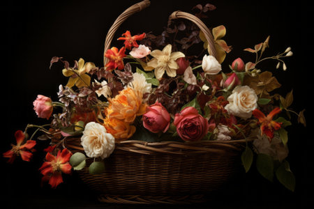 Blooming Beauty: A Magnificent Display of Flowers in Brown Woven Basket --ar 3:2の素材