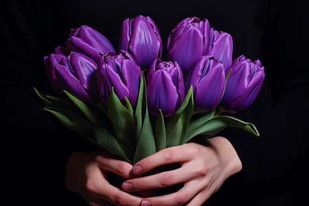 Purple Tulip Bouquet Captured Gracefully in Persons Handの素材
