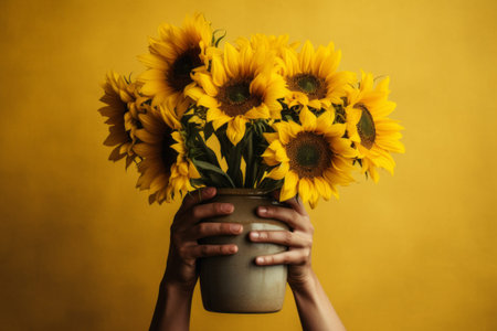 Brightening Up Your Space: A Stunning Arrangement of Three Common Sunflowers in a Vaseの素材