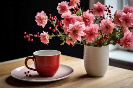 Blooming Elegance: A Captivating Snapshot of Flower Vase and Coffee Cups --AR 3:2の素材