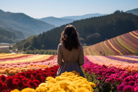 Blossoming Serenity: Captivating Woman Delighting in a Flower Field - AR 3:2の素材