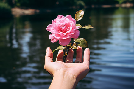 Blooming Beauty: A Close-Up of a Pink Flower in a Persons Hand - AR 3:2の素材