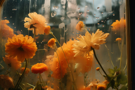Vibrant Floral Reflection: A Captivating Photograph of Orange and Yellow Flowersの素材