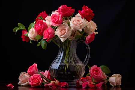 Bouquet of Pink and Red Roses Blossoming in a Clear Glass Pitcher - AR 3:2の素材