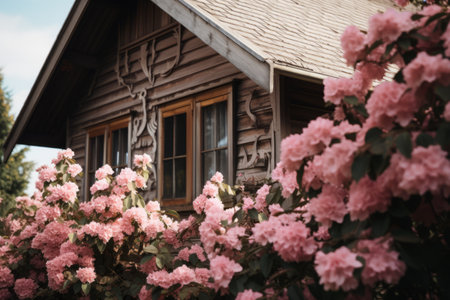 Blooming Serenity: The Charming Pink Flowers Adorning the Rustic Brown Wooden House - AR 3:2の素材