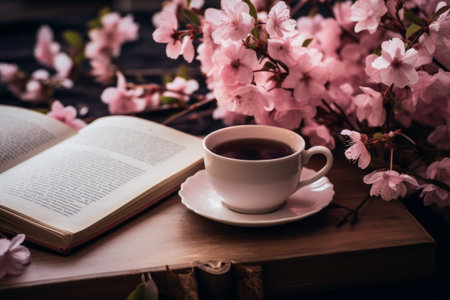 Blooming Serenity: An Artistic Capture of Pink Flowers Gracefully Adorned Next to a Cup on a Book --の素材