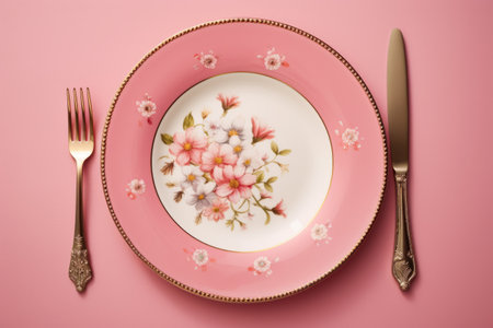 Elegantly Adorned: Pink and White Floral Ceramic Plate and Silver Fork Gracefully Placed on Pink Texの素材