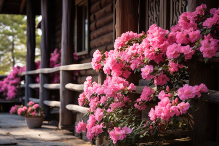 Enchanting Pink Flowers Blossom on Rustic Brown Wooden House Amidst Nature: AR 3:2の素材