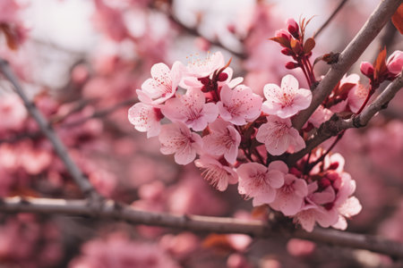 Blooming Beauty: Capturing Pink Flowers on Tree Branch under Daylightの素材