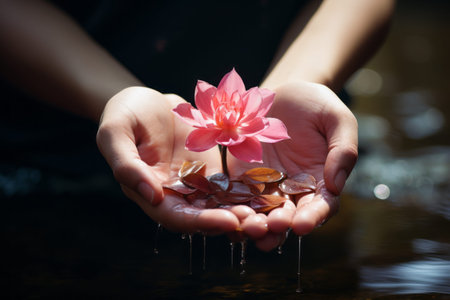 Blooming Beauty: Capturing a Pink Petaled Flower on a Human Hand - AR 3:2の素材