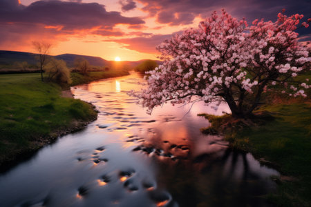 Serenity Awakens: A Captivating Sunset Over a River Amidst Pink Petaled Flowers --AR 3:2の素材