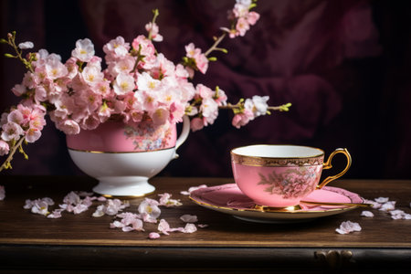 Delicate Beauty: Capturing Pink-Petaled Flowers by a Teacup and Saucer - AR 3:2の素材